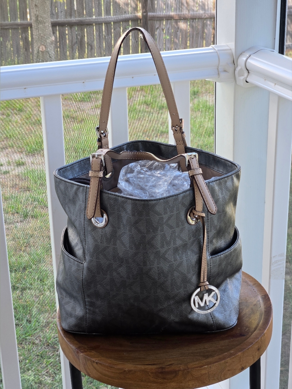 Michael Kors Metallic Gray Tote with Tan Straps
